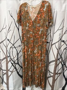 Rust Paisley V-Neck Tiered Maxi Dress with Green Accents